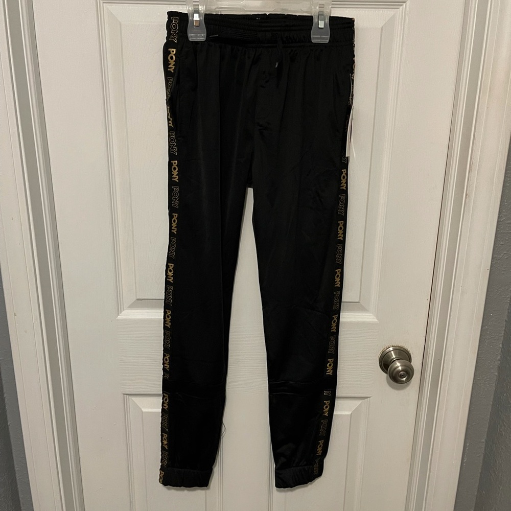 Pony Black Gold Track Pants Tapered Elastic Ankle Boys L 14/16 NWT
